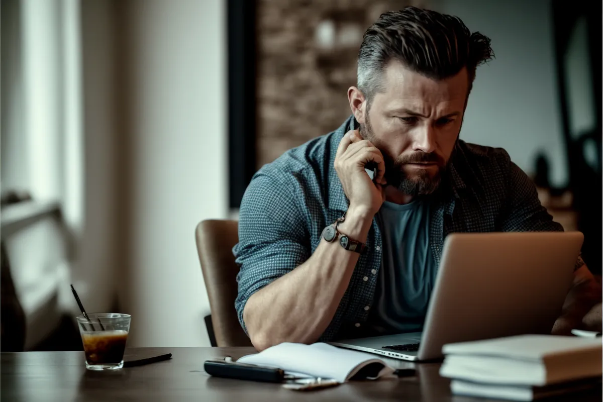person sitting at a desk with a computer, looking focused and determined as they work, typing on a keyboard or scrolling through a dashboard or analytics platform on their screen, The person in the image could be wearing casual office attire, the person interacting with a smartphone or tablet, to emphasize the mobile aspect of digital marketing