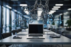 Floating custom branded digital links above a laptop in a modern office, illuminated dramatically to showcase their unique features.