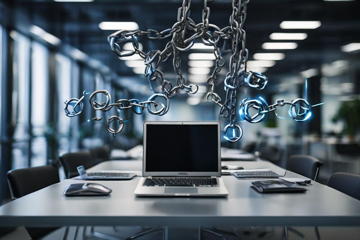 Floating custom branded digital links above a laptop in a modern office, illuminated dramatically to showcase their unique features.