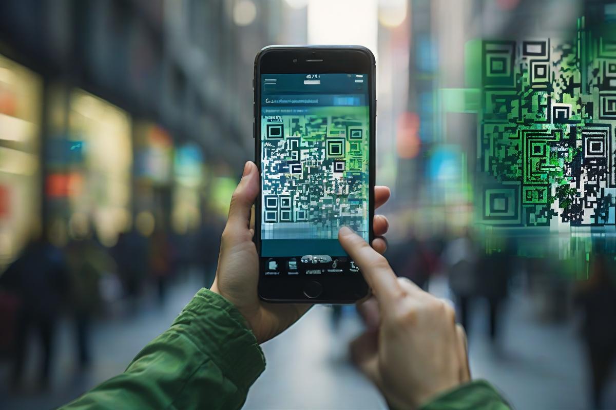 A smartphone scanning a QR code in a dynamic arrangement, surrounded by vibrant advertisements in an urban setting. The image emphasizes technology with sharp shadows and a blue-green color palette, featuring a close-up of the pixelated QR code detail.