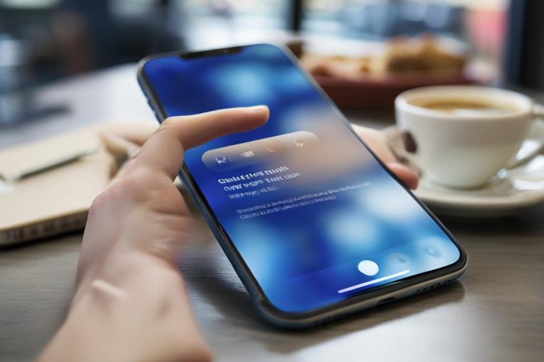 A modern smartphone screen with a branded short URL being clicked, set on a coffee shop table with natural light highlighting its blue and white colors.