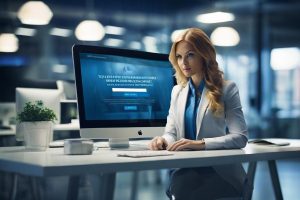 A modern marketing workspace with a digital screen displaying a personalized URL, designed with bold branding elements under dramatic spotlighting, emphasizing trust and innovation in digital marketing.