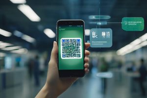 A close-up view of a QR code displayed on a digital screen alongside an NFC chip, with dramatic lighting and a tech-savvy environment emphasizing innovation in digital marketing.