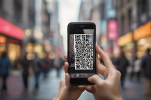 A large QR code prominently displayed on a bustling city street, with people holding smartphones interacting with it. The QR code is in sharp focus; the background is a blurred view of diverse storefronts in vivid colors, illuminated by ambient light.