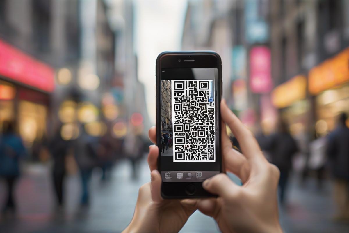 A large QR code prominently displayed on a bustling city street, with people holding smartphones interacting with it. The QR code is in sharp focus; the background is a blurred view of diverse storefronts in vivid colors, illuminated by ambient light.