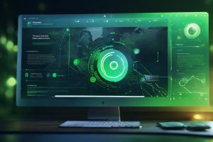 A digital interface featuring a glowing clickable URL icon surrounded by analytical data graphics and social media icons, designed with blue and green tones.