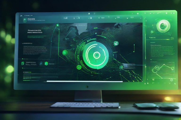 A digital interface featuring a glowing clickable URL icon surrounded by analytical data graphics and social media icons, designed with blue and green tones.