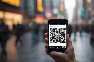 A close-up of a smartphone screen displaying a detailed QR code, set in front of a blurred busy city street, symbolizing digital connectivity in modern marketing.