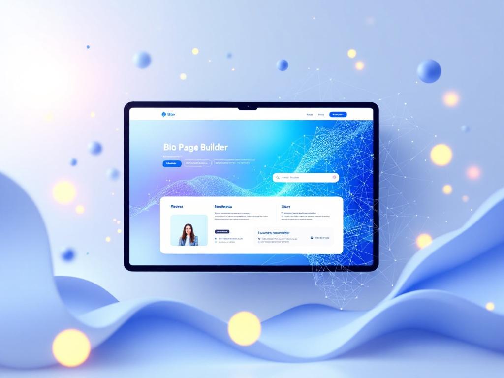 A digital device screen displaying a modern bio page builder interface, surrounded by abstract elements symbolizing connectivity and branding, with a dominant blue and white color palette and a soft glow.