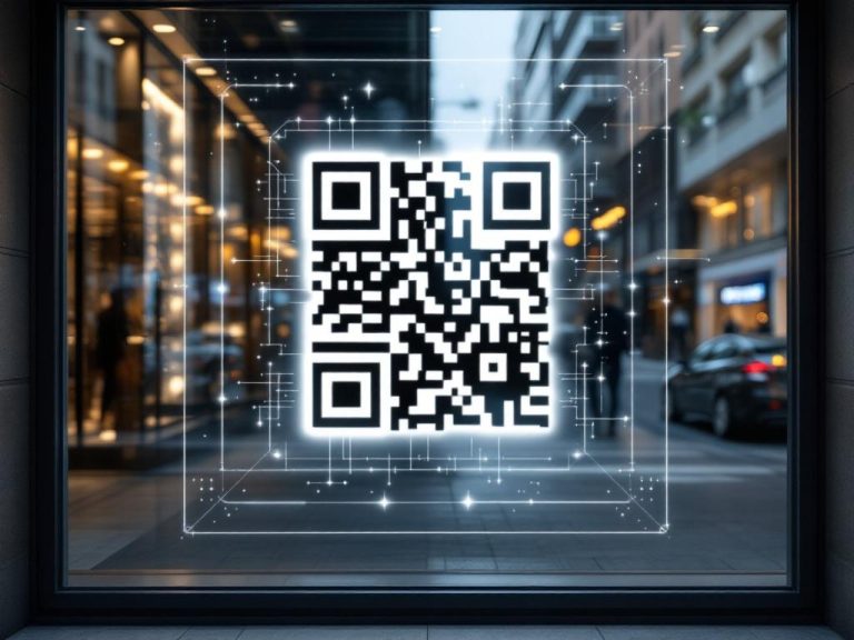 A storefront window featuring a large QR code as the central focus, with a stylish and modern design. The image captures an urban street reflection and emphasizes simplicity with black and white colors.