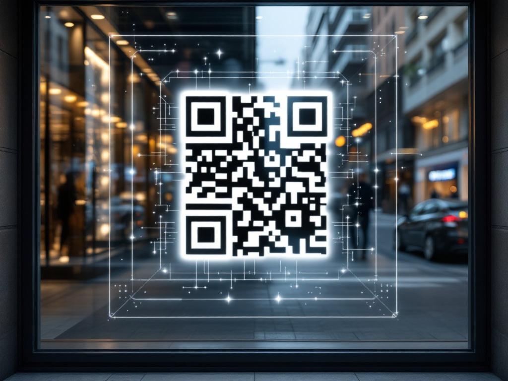 A storefront window featuring a large QR code as the central focus, with a stylish and modern design. The image captures an urban street reflection and emphasizes simplicity with black and white colors.