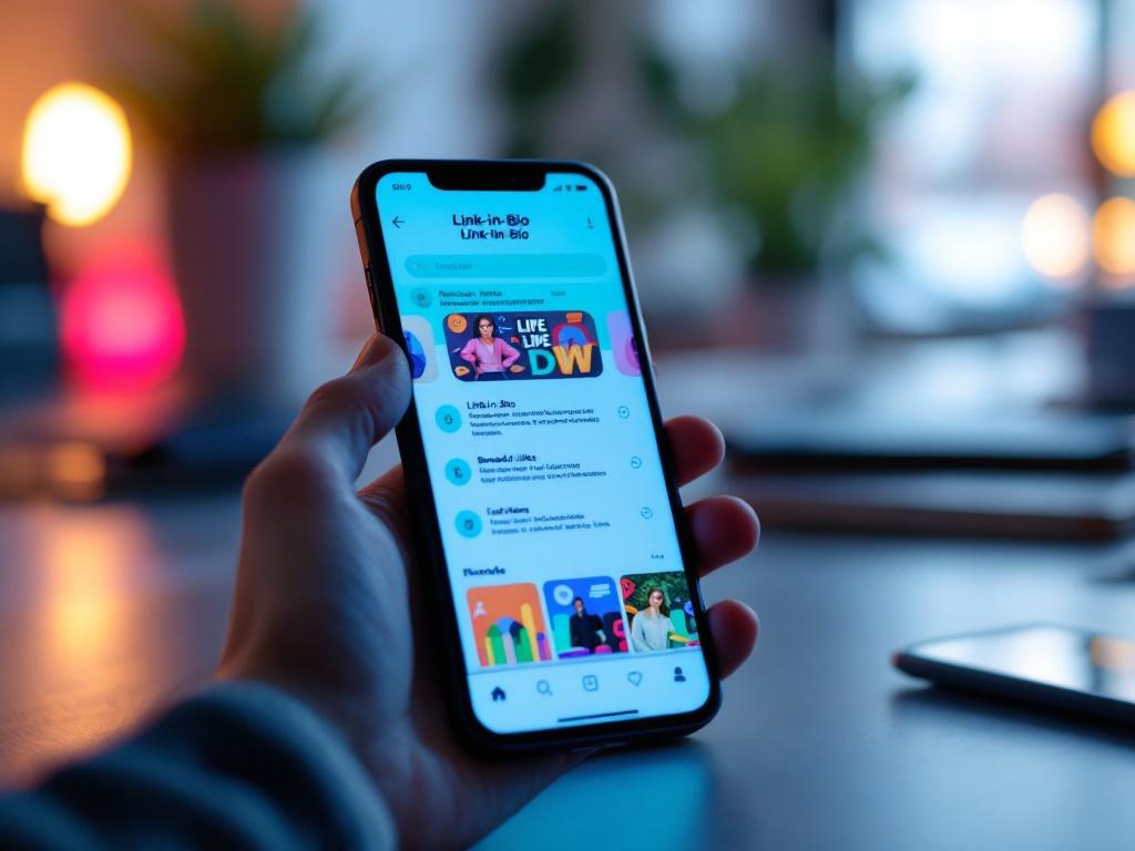 Smartphone displaying a dynamic link-in-bio page with colorful thumbnails, set in a modern workspace with soft lighting.