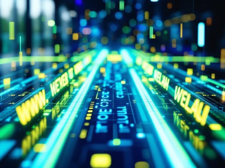 Cinematic image showcasing branded short URLs as glowing digital pathways in a modern marketing environment, featuring electric blue and vibrant green colors with a soft glow.