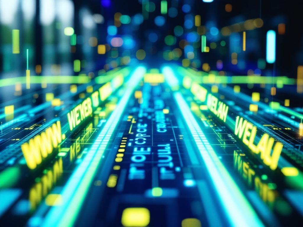 Cinematic image showcasing branded short URLs as glowing digital pathways in a modern marketing environment, featuring electric blue and vibrant green colors with a soft glow.