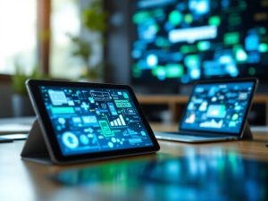 A collection of digital devices such as smartphones, tablets, laptops, and smart TVs in a tech setting, showcasing interconnected marketing strategies under ambient lighting with blue and green tones.