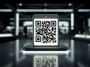 A stylish product tag showcasing a prominent QR code integrated with a vivid logo, set against a minimalist retail backdrop. The image is characterized by bold black and white colors, illuminated with soft lighting for a modern appearance.