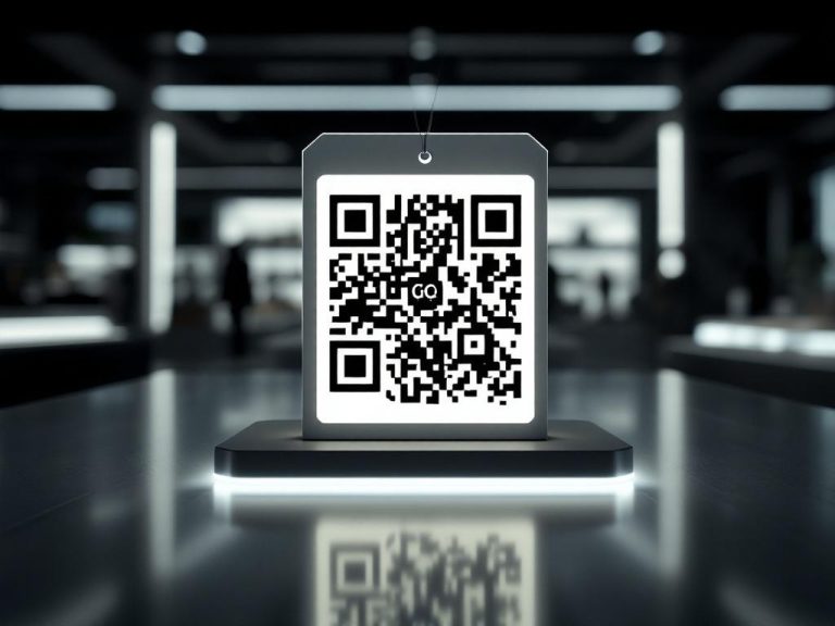 A stylish product tag showcasing a prominent QR code integrated with a vivid logo, set against a minimalist retail backdrop. The image is characterized by bold black and white colors, illuminated with soft lighting for a modern appearance.