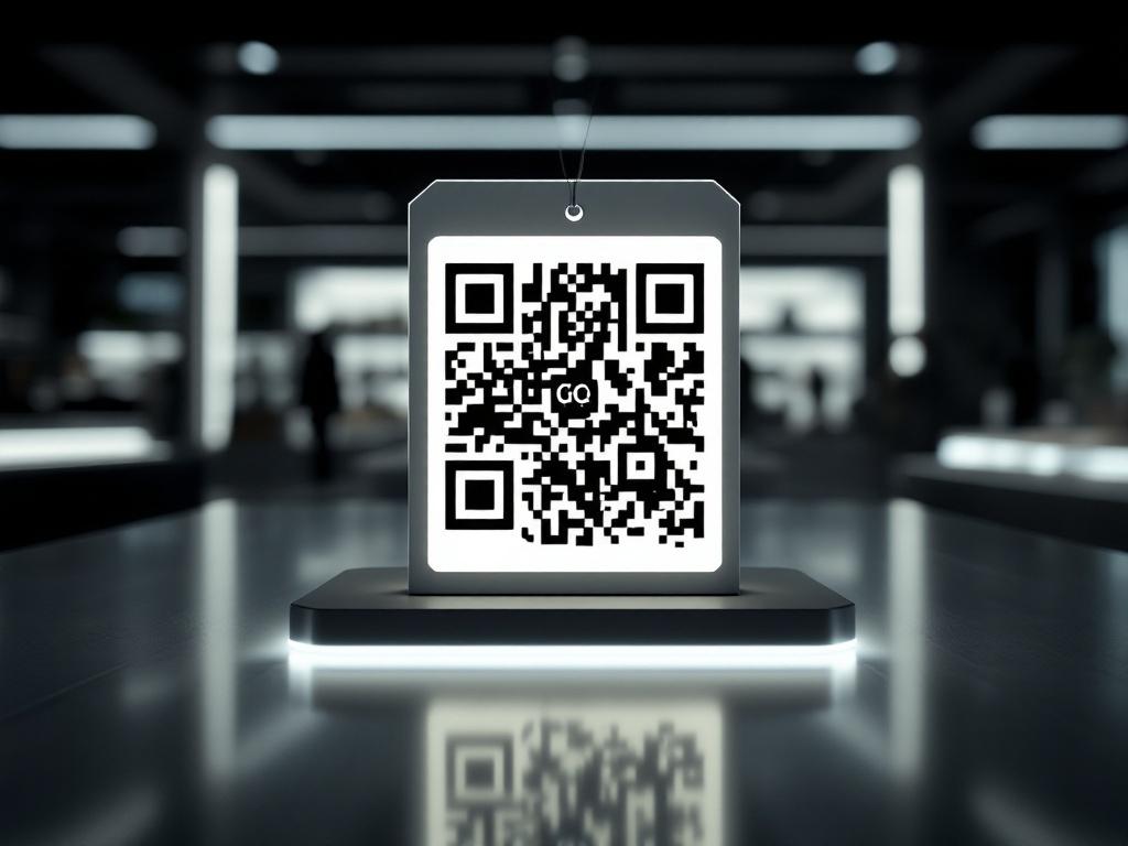 A stylish product tag showcasing a prominent QR code integrated with a vivid logo, set against a minimalist retail backdrop. The image is characterized by bold black and white colors, illuminated with soft lighting for a modern appearance.