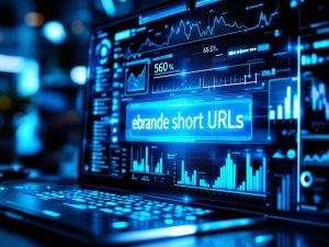 Futuristic digital dashboard with branded short URLs displayed under a dramatic spotlight, emphasizing clarity and professionalism. Electric blue and crisp white colors create a high-tech atmosphere, while glowing analytics data signifies enhanced brand trust.