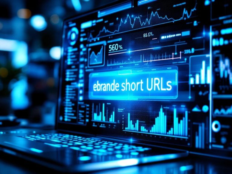 Futuristic digital dashboard with branded short URLs displayed under a dramatic spotlight, emphasizing clarity and professionalism. Electric blue and crisp white colors create a high-tech atmosphere, while glowing analytics data signifies enhanced brand trust.