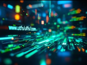 An artistic representation of short URLs being created from long URLs in a digital marketing scene, featuring vibrant blue and green colors, backlighting, and an off-center composition that signifies technological transformation.