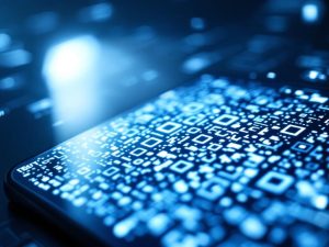 Close-up shot of a QR code being scanned by a smartphone in a futuristic tech environment, with dramatic lighting and soft blue and white colors.