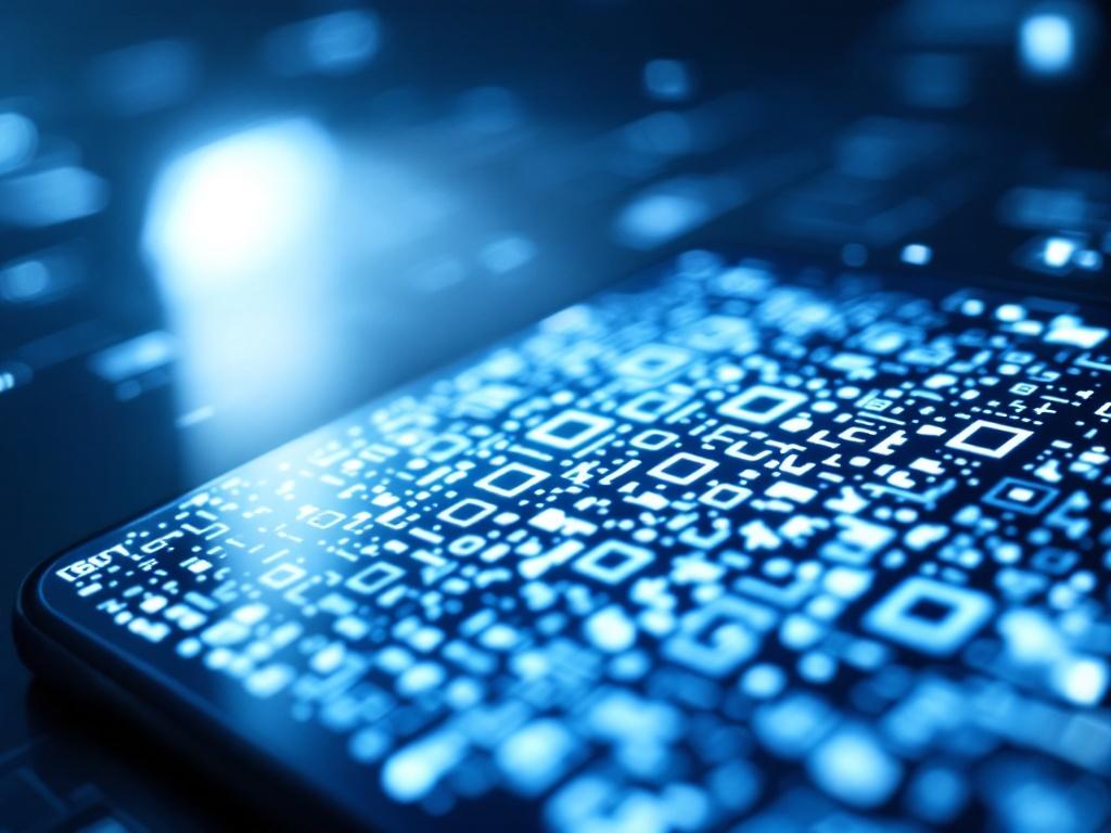 Close-up shot of a QR code being scanned by a smartphone in a futuristic tech environment, with dramatic lighting and soft blue and white colors.