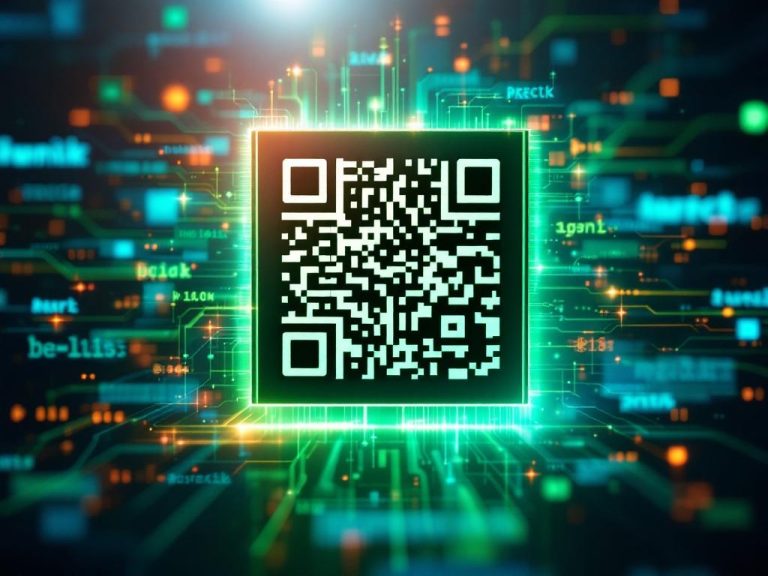 A dramatic image of a QR code against a blurred digital marketing backdrop, illuminated by a spotlight and surrounded by a soft halo effect, with a color scheme of deep blues and vibrant greens.