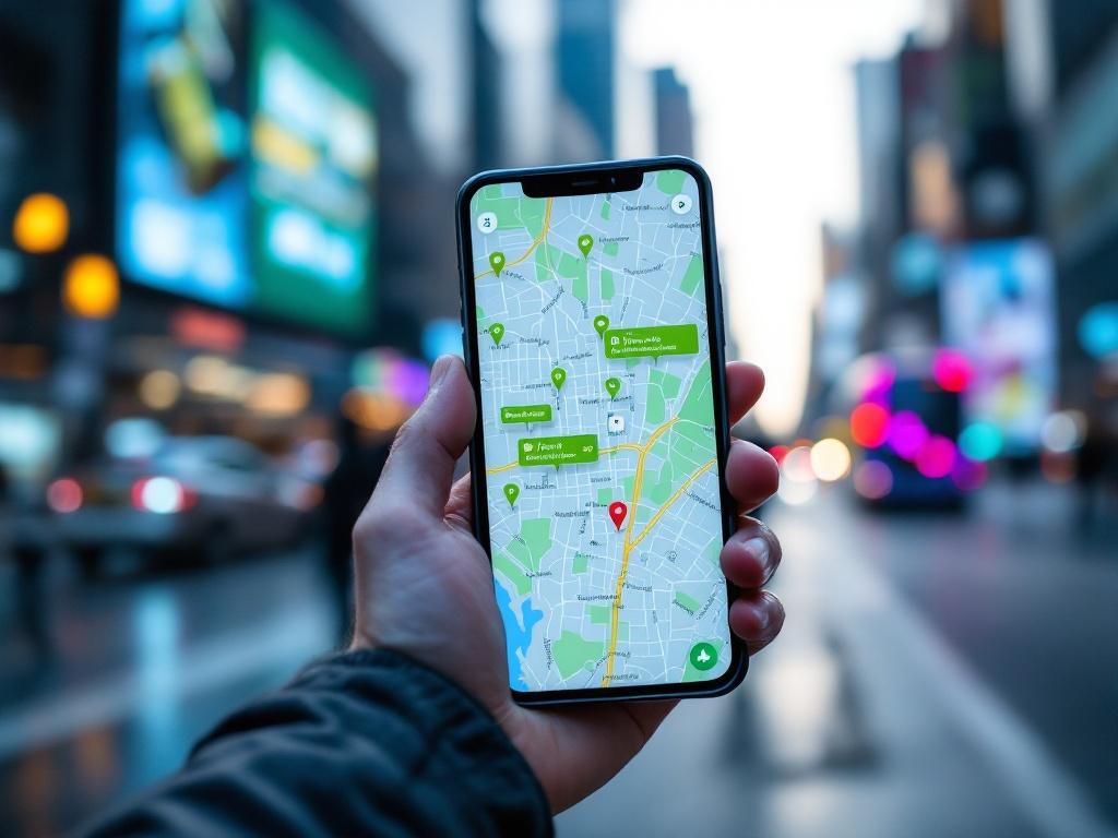 A smartphone showing a detailed interactive map with highlighted local advertisements, surrounded by an urban setting with billboards. The image conveys a sense of connectivity and personalized marketing through location-based technology.