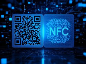 Close-up of a QR code and an NFC tag side by side, illuminated by dramatic lighting against an abstract digital background, emphasizing the intricate textures and patterns of both technologies.