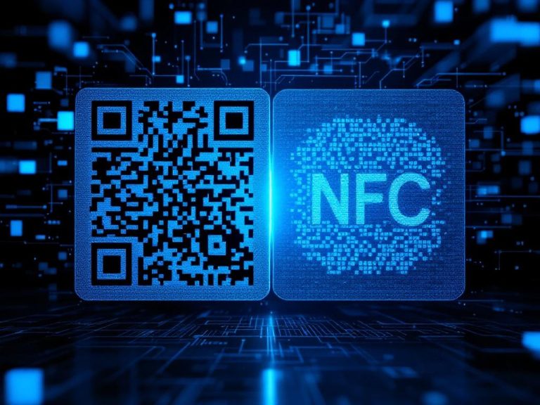 Close-up of a QR code and an NFC tag side by side, illuminated by dramatic lighting against an abstract digital background, emphasizing the intricate textures and patterns of both technologies.