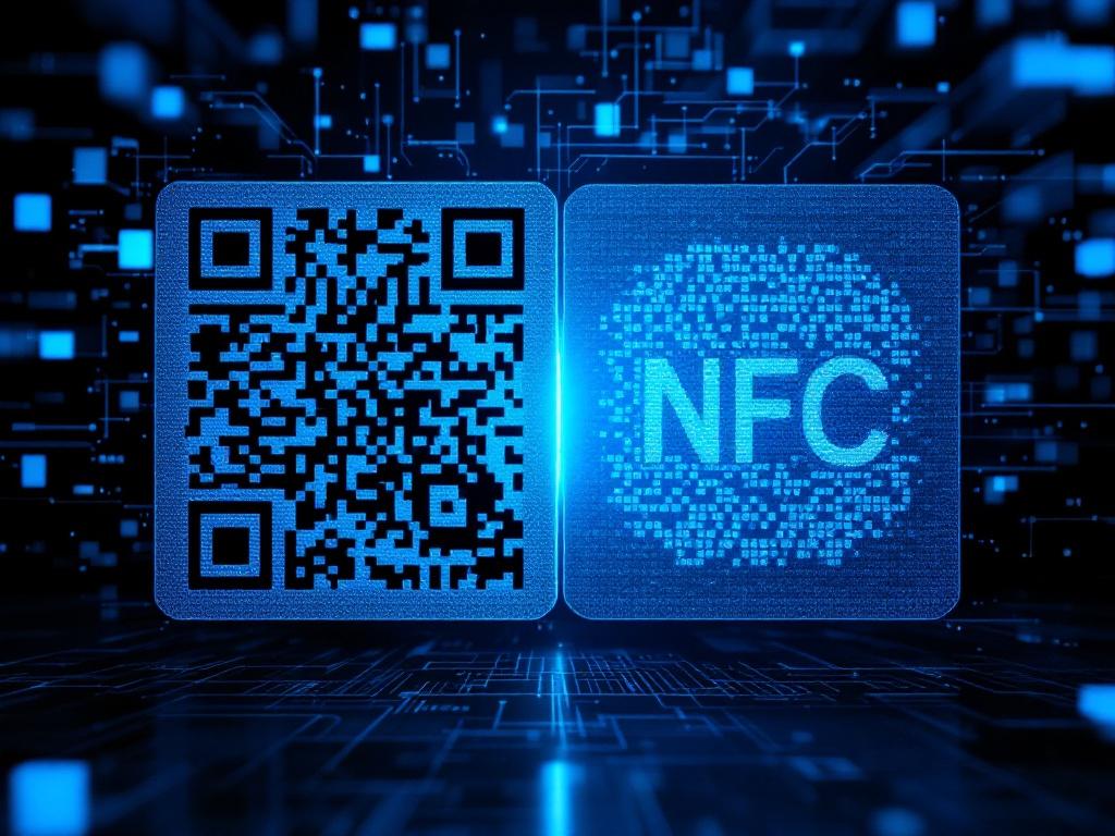 Close-up of a QR code and an NFC tag side by side, illuminated by dramatic lighting against an abstract digital background, emphasizing the intricate textures and patterns of both technologies.