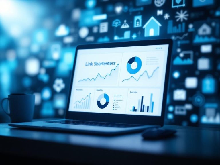 A dramatic dashboard of a branded link shortener tool displaying analytics and graphs, highlighted by a spotlight, set against blurred industry icons representing healthcare, real estate, and retail industries in blue and white colors.