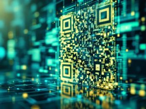A large QR code set against a colorful digital background, symbolizing the integration of offline and online modalities. The code is designed with abstract patterns, complemented by circuit lines and a vibrant blue and green atmosphere.