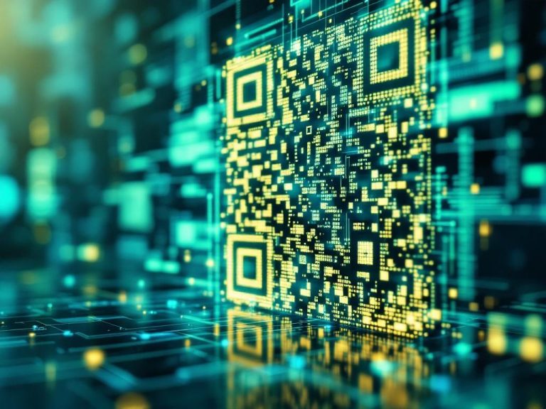 A large QR code set against a colorful digital background, symbolizing the integration of offline and online modalities. The code is designed with abstract patterns, complemented by circuit lines and a vibrant blue and green atmosphere.