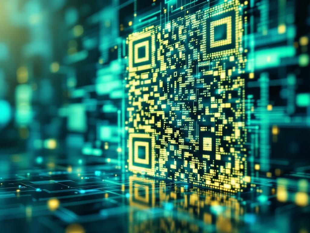 A large QR code set against a colorful digital background, symbolizing the integration of offline and online modalities. The code is designed with abstract patterns, complemented by circuit lines and a vibrant blue and green atmosphere.