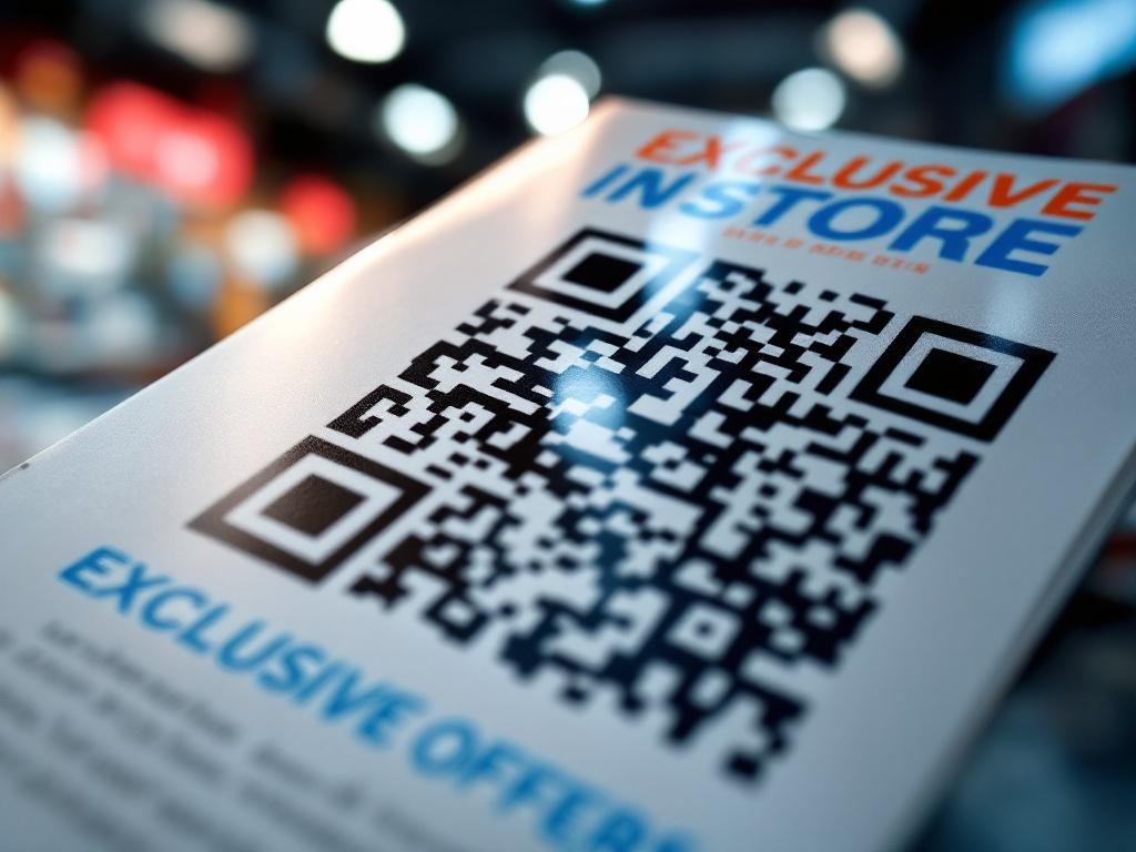 Close-up of a vibrant retail flyer featuring a QR code and promotional text, illuminated by a spotlight to enhance clarity and urgency.
