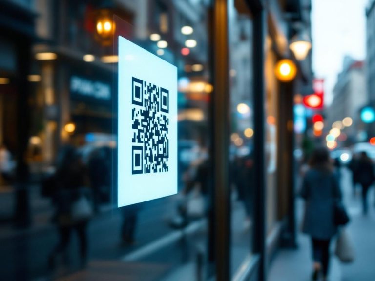 A storefront window showcasing a clear QR code, with a busy street scene in the background and a soft glow, emphasizing digital engagement.