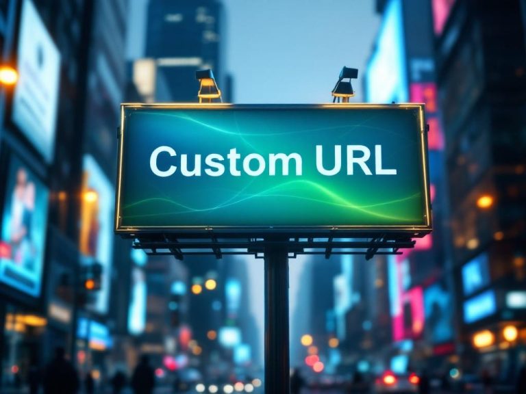 A virtual billboard with a clear branded custom URL set against a dynamic digital marketing landscape, using blue and green tones with atmospheric backlighting.