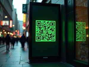 A stylish promotional poster showcasing a large, glossy QR code surrounded by a black and bright green color palette, emphasizing modern marketing techniques.