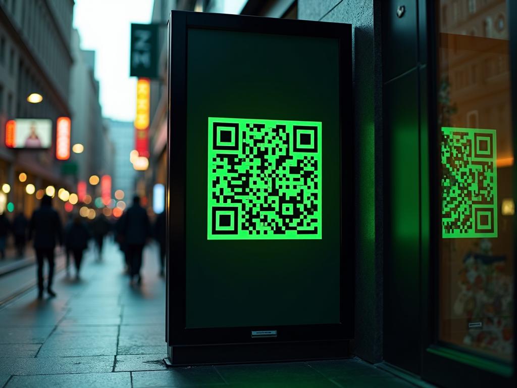 A stylish promotional poster showcasing a large, glossy QR code surrounded by a black and bright green color palette, emphasizing modern marketing techniques.