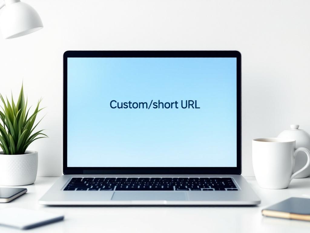 Close-up of a device screen displaying a custom branded short URL in a minimalist workspace with blue and white colors.