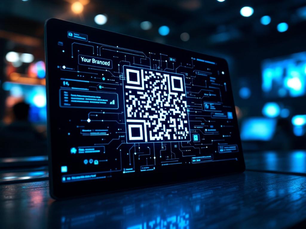 Custom branded QR code displayed on a sleek digital screen, highlighted by a spotlight in a modern business setting focused on digital marketing.