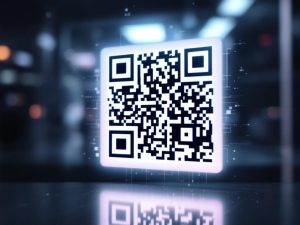 A large QR code illuminated by a soft glow, featuring integrated branding elements and set against a digitally-themed blurred background.