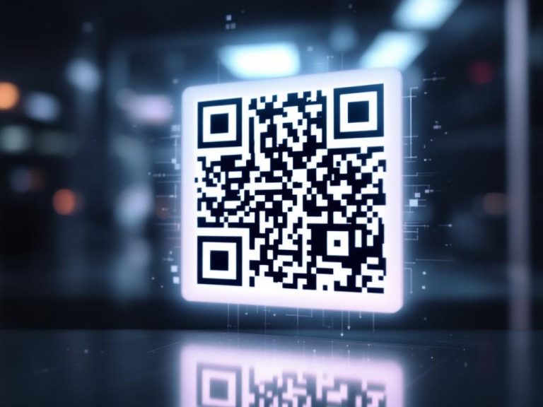 A large QR code illuminated by a soft glow, featuring integrated branding elements and set against a digitally-themed blurred background.