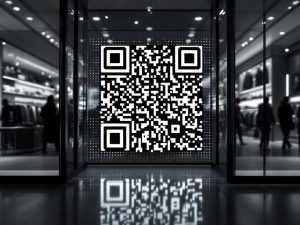 A large QR code at the entrance of a sleek, modern retail store, surrounded by a blurred, bustling shopping environment. The image highlights the digital pattern of the QR code with defined shadows, focusing on black and white colors to evoke a sense of innovation.