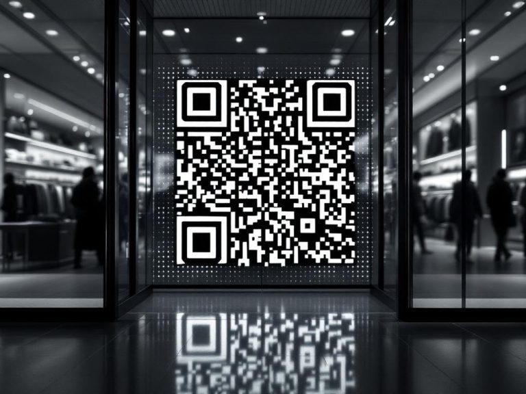 A large QR code at the entrance of a sleek, modern retail store, surrounded by a blurred, bustling shopping environment. The image highlights the digital pattern of the QR code with defined shadows, focusing on black and white colors to evoke a sense of innovation.
