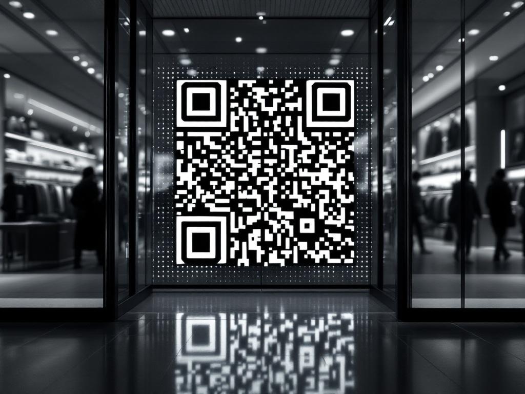 A large QR code at the entrance of a sleek, modern retail store, surrounded by a blurred, bustling shopping environment. The image highlights the digital pattern of the QR code with defined shadows, focusing on black and white colors to evoke a sense of innovation.
