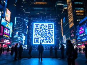 Large glowing QR code on a digital billboard surrounded by people using smartphones in a bustling urban setting, illuminated with neon blue and bright white lights.