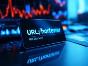 Cinematic image of a branded URL shortener with a professional design highlighted by a spotlight, set against an analytics dashboard displaying graphs and metrics. The color scheme is blue and white, emphasizing technology and precision in a clean composition.